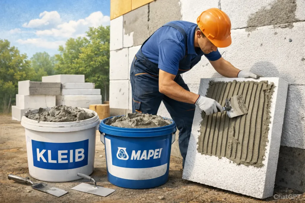 Klej do styropianu Kleib i Mapei w hurtowni w Zielonej Górze.